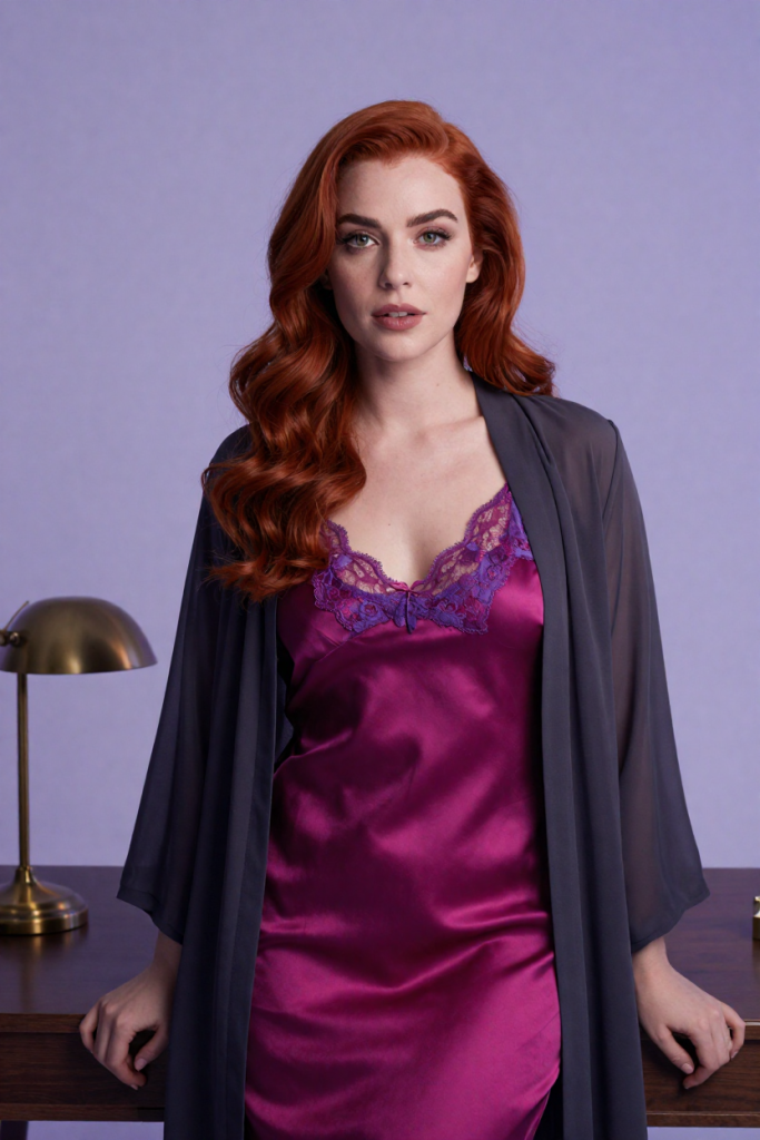 ChuhaiW muse in a magenta silk slip dress with violet lace beside the brass lamp